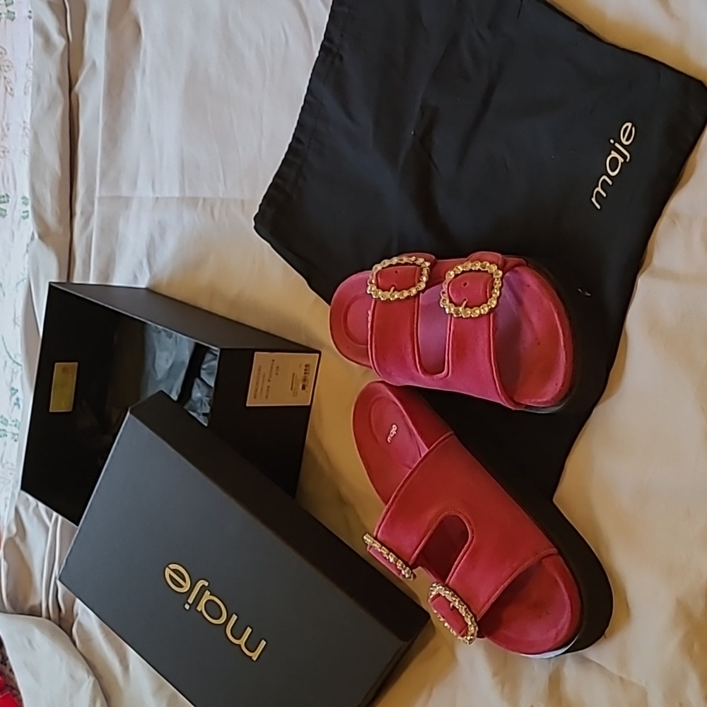 Maje Diamante Fuchsia suede platform jewel buckle sandals